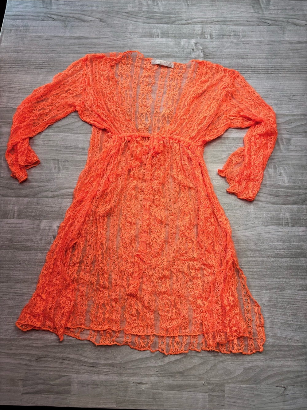 Sheer Orange Lace Swim Cover-Up with Tie-Waist